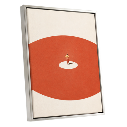 A Quiet Centre, orange, beige, red minimalist wall art shown as a silver framed canvas wall art