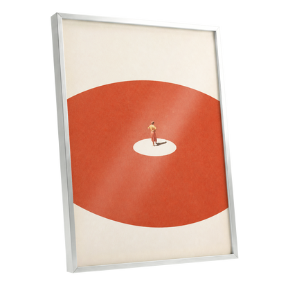 A Quiet Centre, orange, beige, red minimalist wall art shown as a silver framed poster wall art print