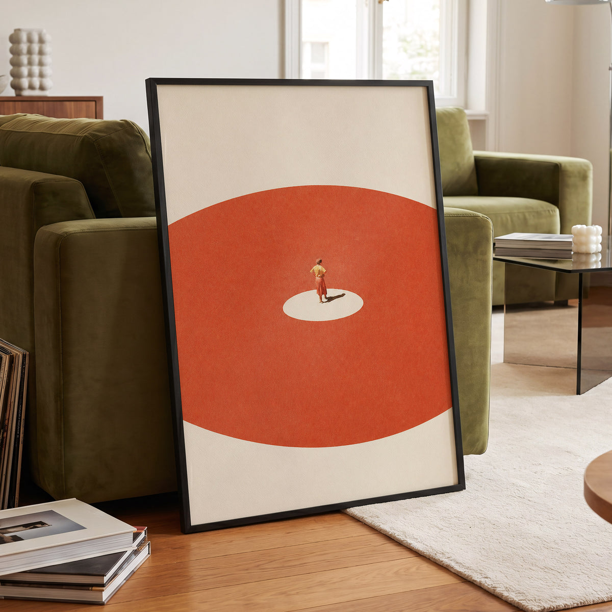 A Quiet Centre, orange, beige, red minimalist wall art displayed in a styled interior, gallery view 2