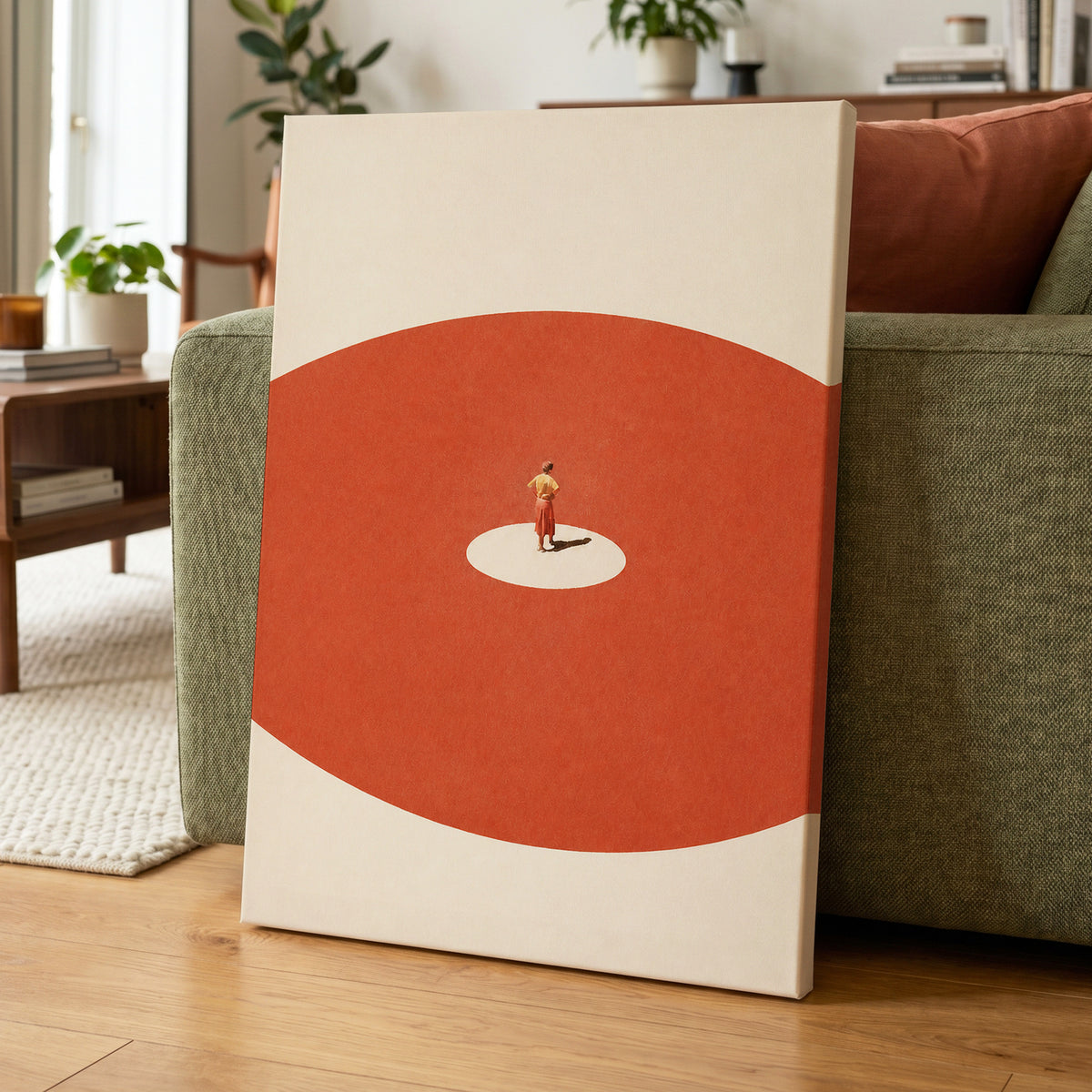 A Quiet Centre, orange, beige, red minimalist wall art displayed in a styled interior, gallery view 3
