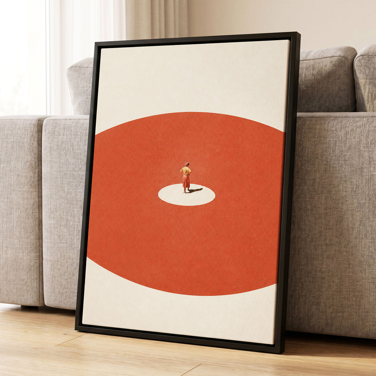 A Quiet Centre, orange, beige, red minimalist wall art displayed in a styled interior, gallery view 4
