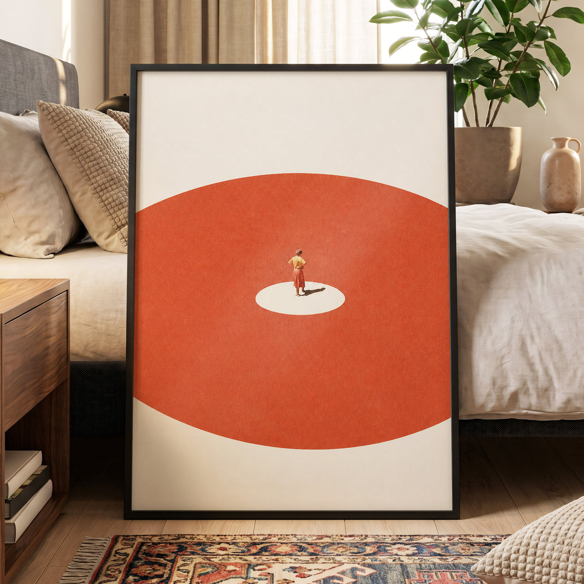A Quiet Centre, orange, beige, red minimalist wall art displayed in a styled interior, gallery view 6