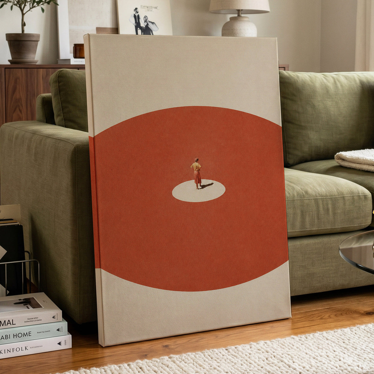 A Quiet Centre, orange, beige, red minimalist wall art displayed in a styled interior, gallery view 7