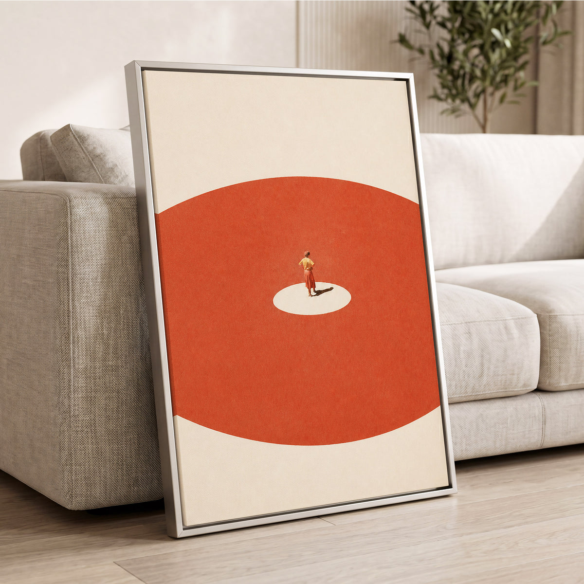 A Quiet Centre, orange, beige, red minimalist wall art displayed in a styled interior, gallery view 8