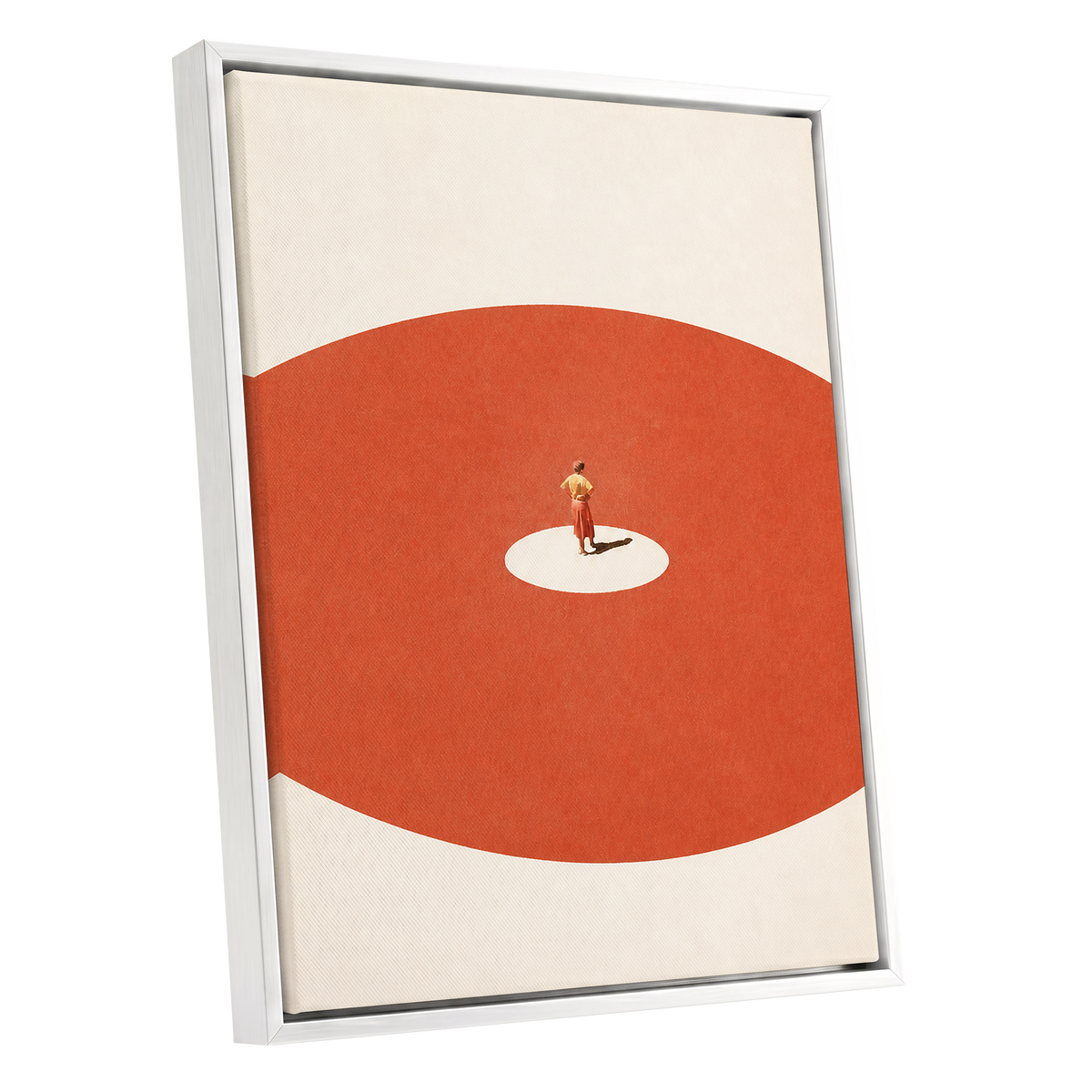 A Quiet Centre, orange, beige, red minimalist wall art shown as a white framed canvas wall art