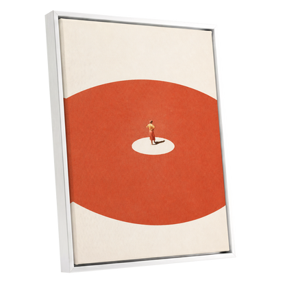 A Quiet Centre, orange, beige, red minimalist wall art shown as a white framed canvas wall art