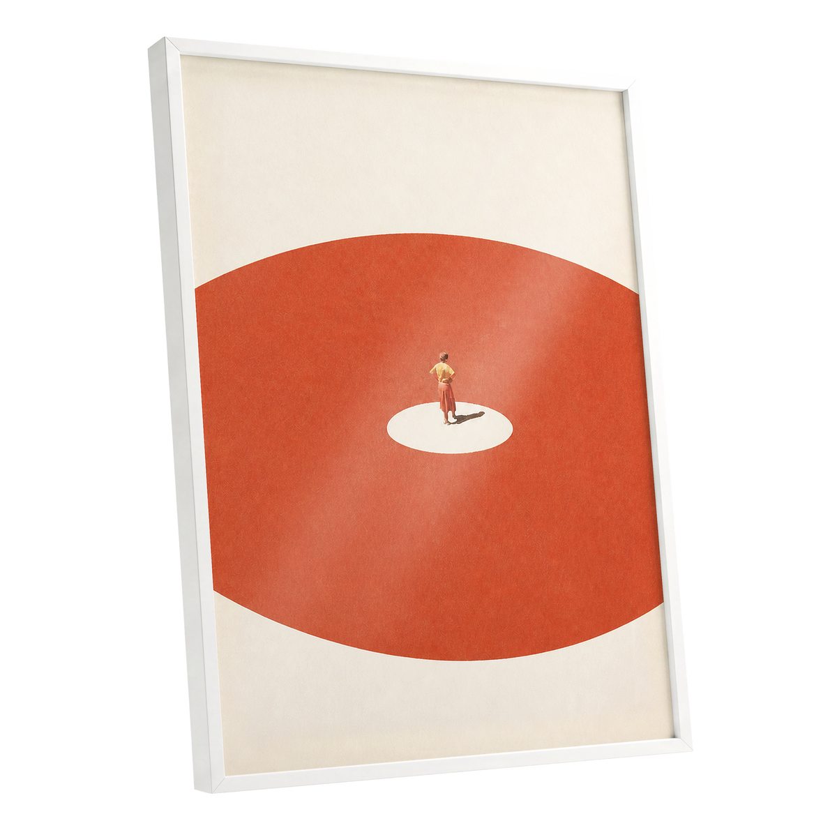 A Quiet Centre, orange, beige, red minimalist wall art shown as a white framed poster wall art print