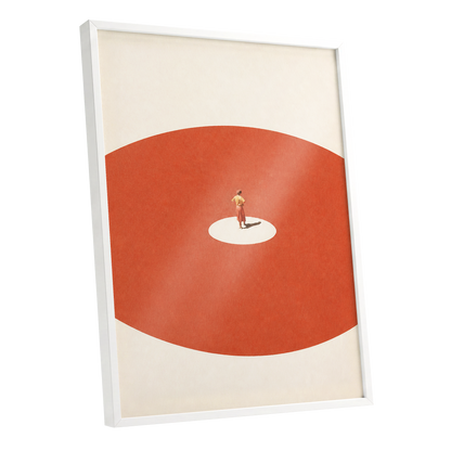 A Quiet Centre, orange, beige, red minimalist wall art shown as a white framed poster wall art print