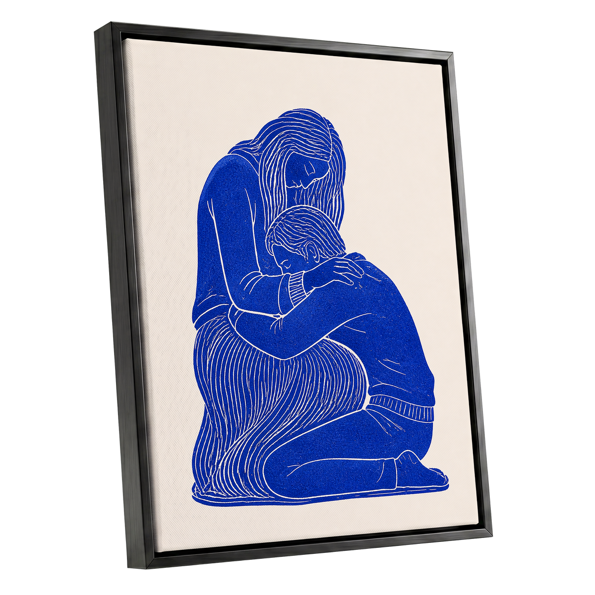 A Quiet Embrace, blue, beige, white minimalist wall art shown as a black framed canvas wall art