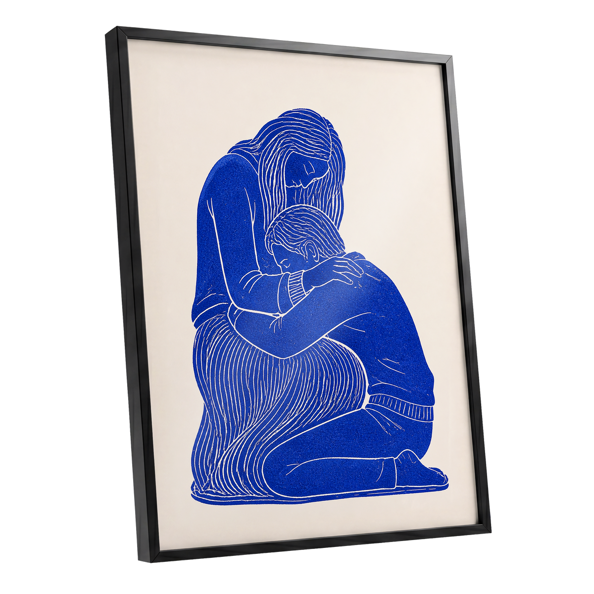 A Quiet Embrace, blue, beige, white minimalist wall art shown as a black framed poster wall art print