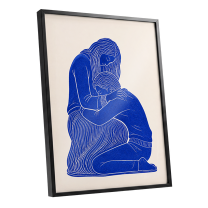 A Quiet Embrace, blue, beige, white minimalist wall art shown as a black framed poster wall art print