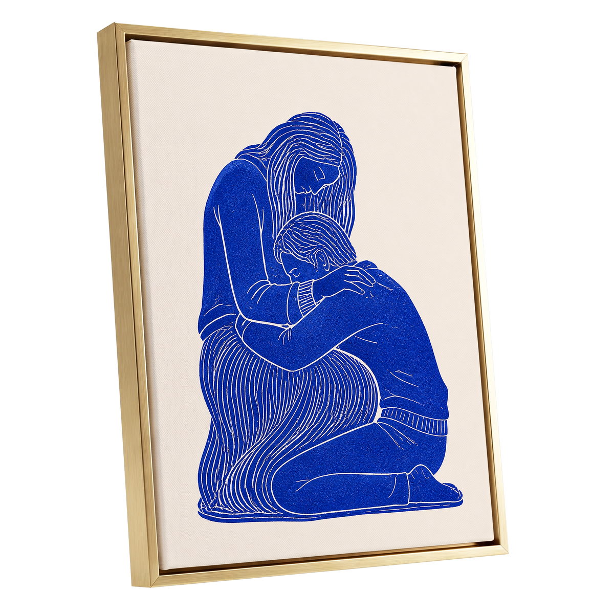 A Quiet Embrace, blue, beige, white minimalist wall art shown as a gold framed canvas wall art