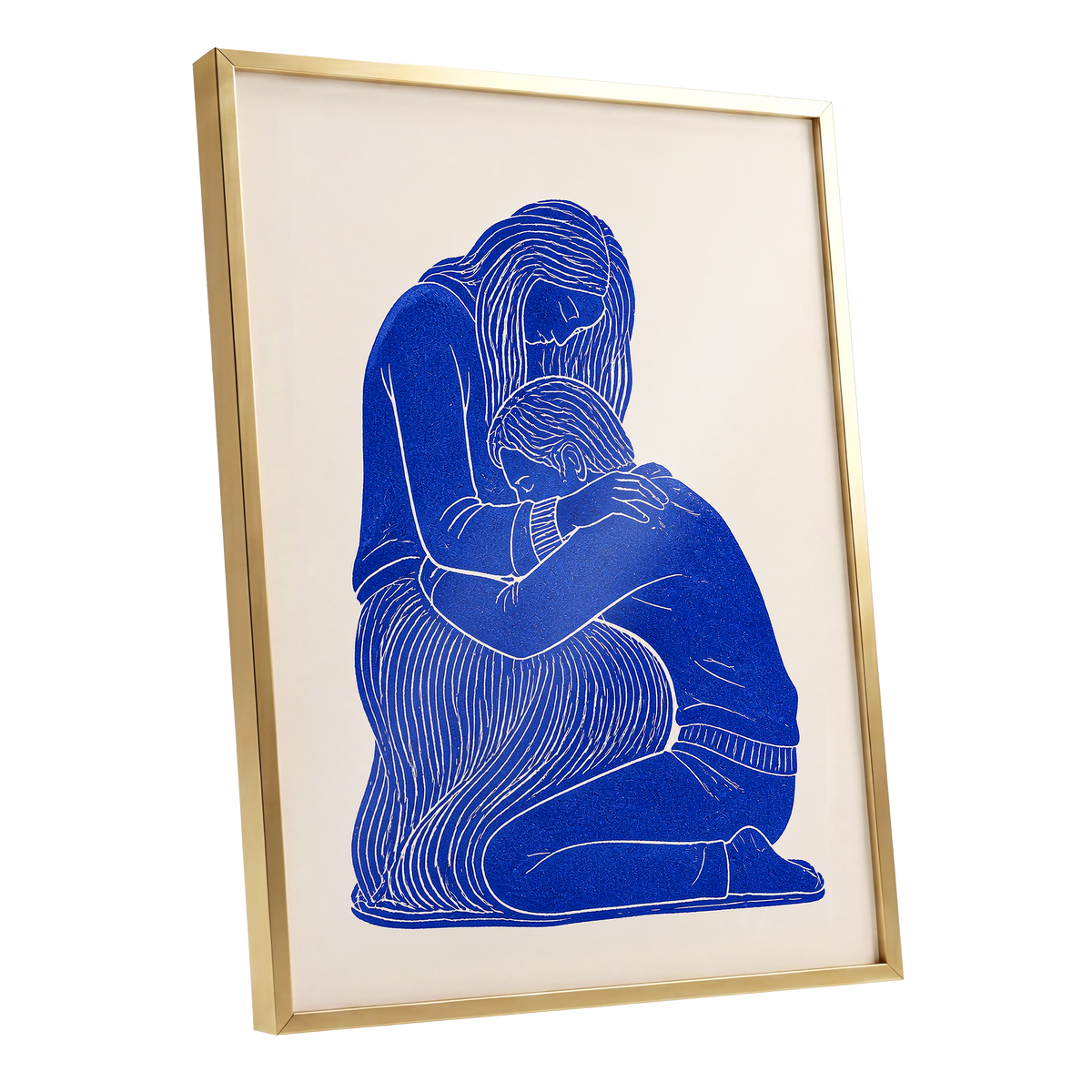 A Quiet Embrace, blue, beige, white minimalist wall art shown as a gold framed poster wall art print