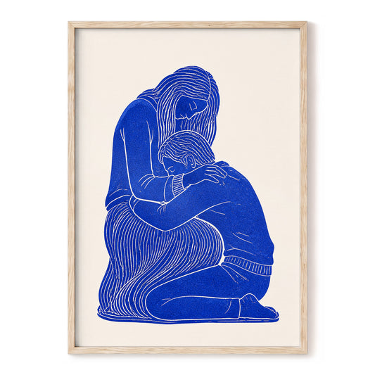 A Quiet Embrace, blue, beige, white minimalist wall art, front artwork view