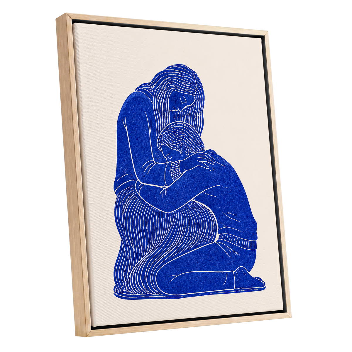 A Quiet Embrace, blue, beige, white minimalist wall art shown as a oak framed canvas wall art