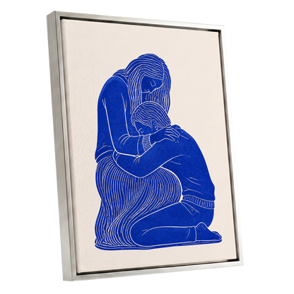 A Quiet Embrace, blue, beige, white minimalist wall art shown as a silver framed canvas wall art