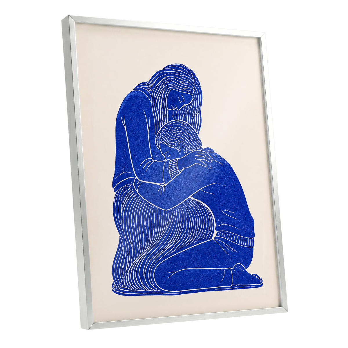 A Quiet Embrace, blue, beige, white minimalist wall art shown as a silver framed poster wall art print