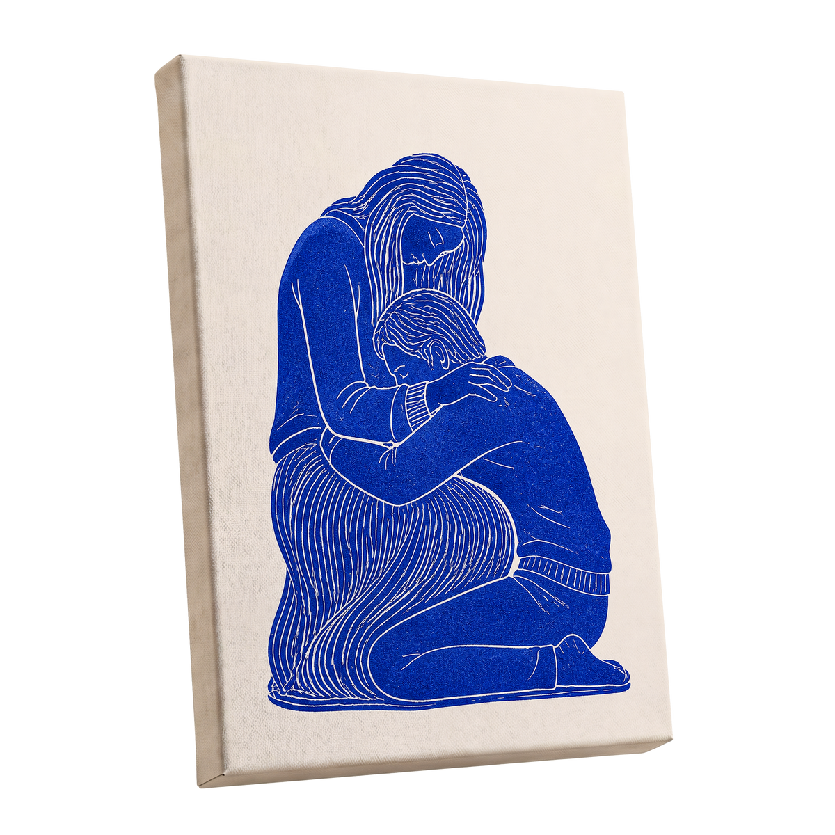 A Quiet Embrace, blue, beige, white minimalist wall art shown as a stretched canvas wall art