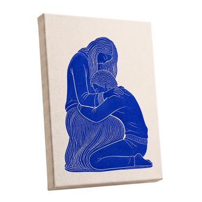 A Quiet Embrace, blue, beige, white minimalist wall art shown as a stretched canvas wall art