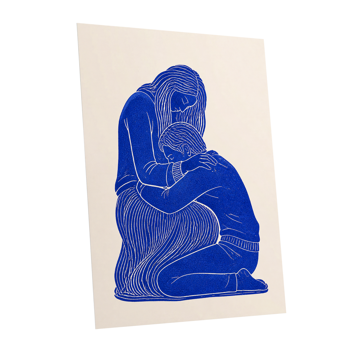 A Quiet Embrace, blue, beige, white minimalist wall art shown as a unframed poster wall art print