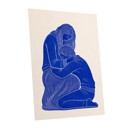A Quiet Embrace, blue, beige, white minimalist wall art shown as a unframed poster wall art print