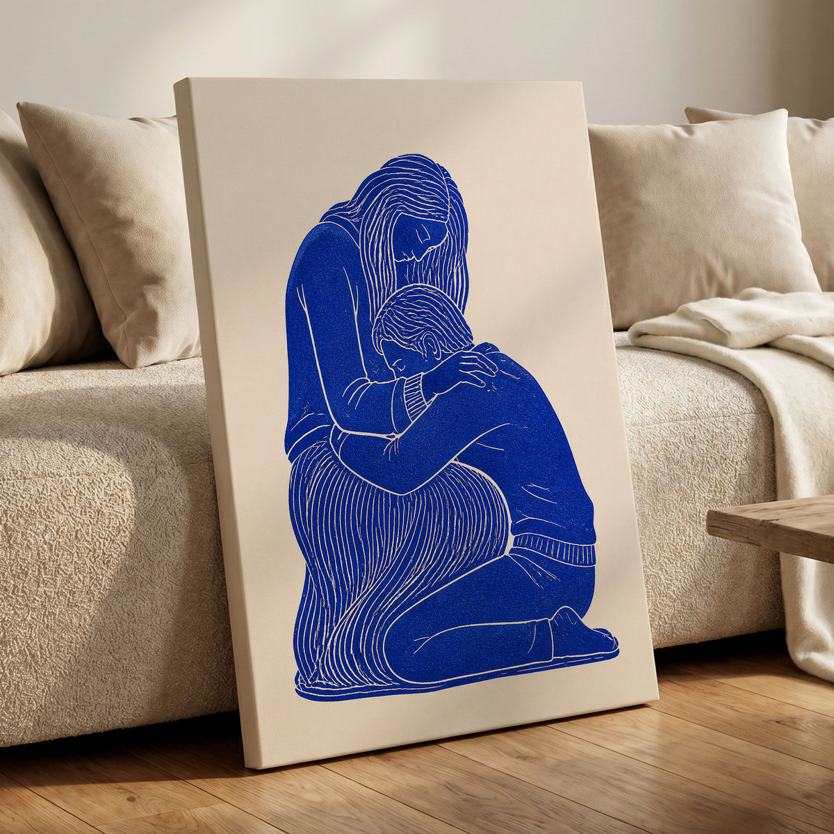 A Quiet Embrace, blue, beige, white minimalist wall art displayed in a styled interior, gallery view 3