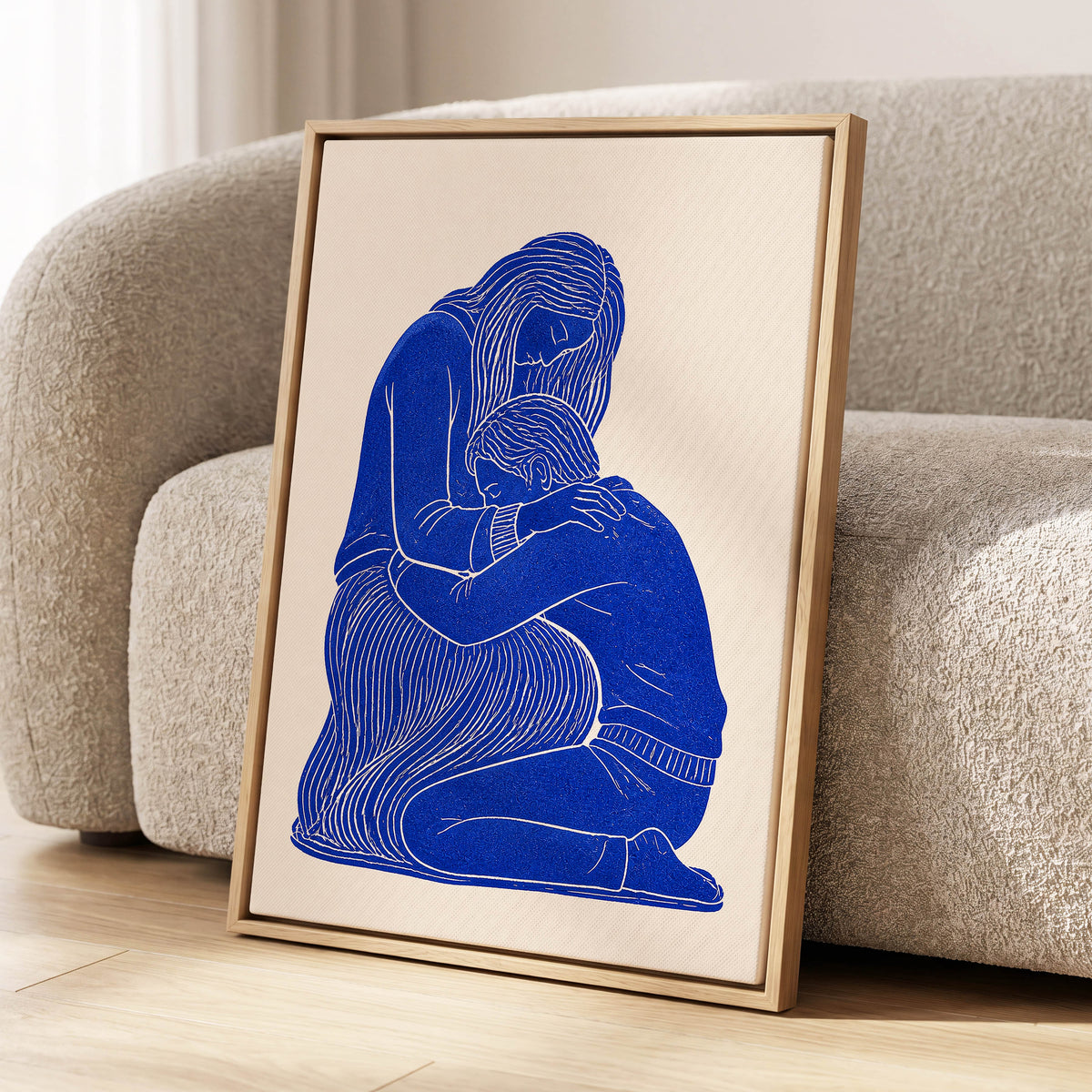 A Quiet Embrace, blue, beige, white minimalist wall art displayed in a styled interior, gallery view 4
