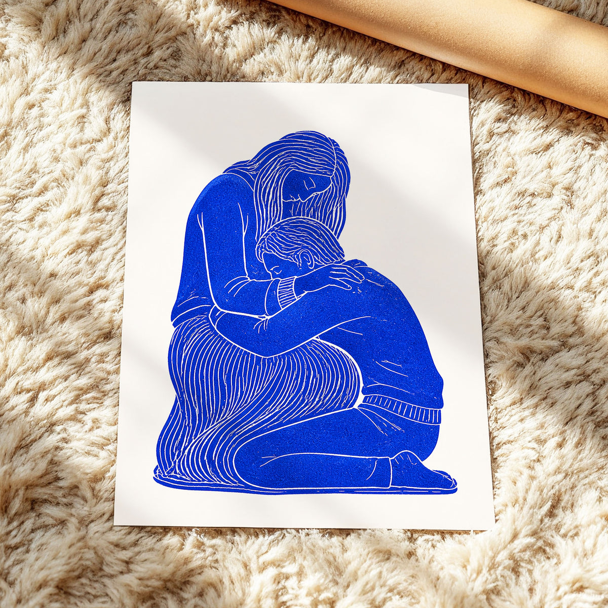 A Quiet Embrace, blue, beige, white minimalist wall art displayed in a styled interior, gallery view 5