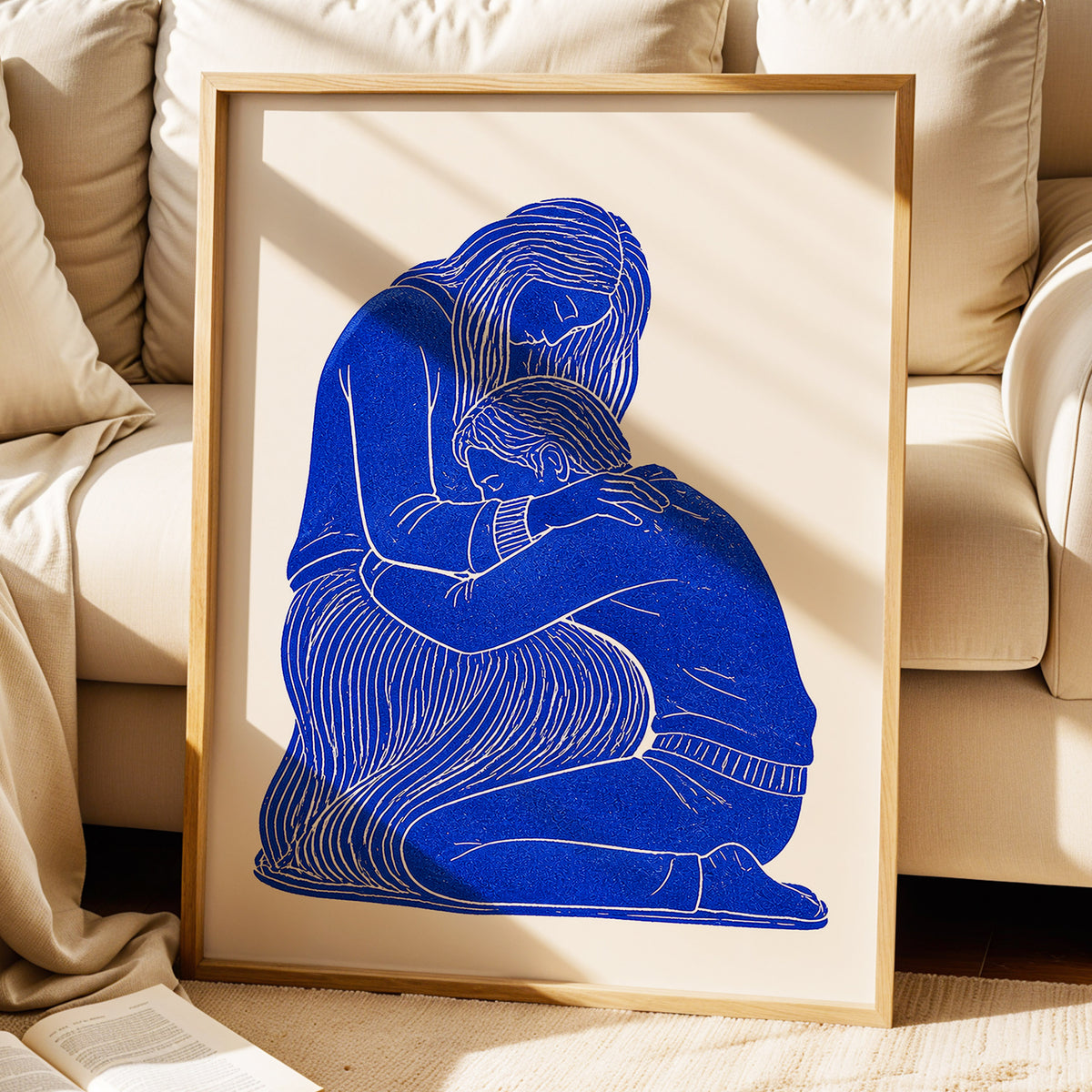 A Quiet Embrace, blue, beige, white minimalist wall art displayed in a styled interior, gallery view 6