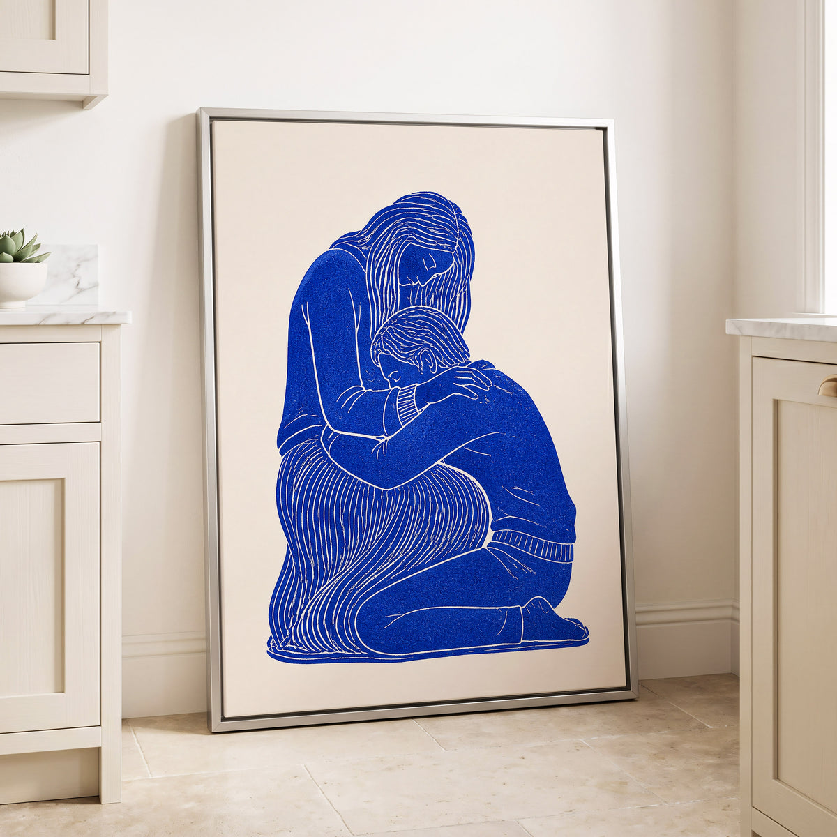 A Quiet Embrace, blue, beige, white minimalist wall art displayed in a styled interior, gallery view 8