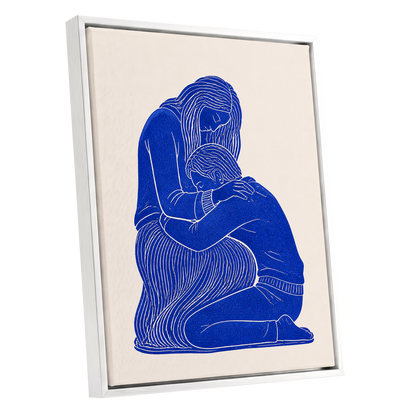 A Quiet Embrace, blue, beige, white minimalist wall art shown as a white framed canvas wall art