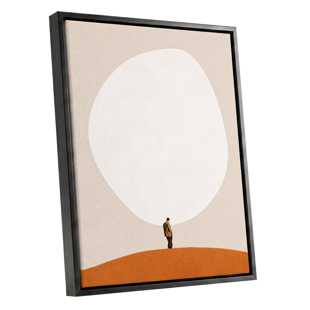 A Quiet Expanse, beige, white, orange minimalist wall art shown as a black framed canvas wall art