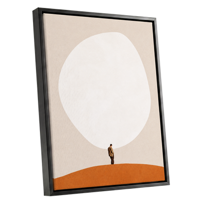 A Quiet Expanse, beige, white, orange minimalist wall art shown as a black framed canvas wall art