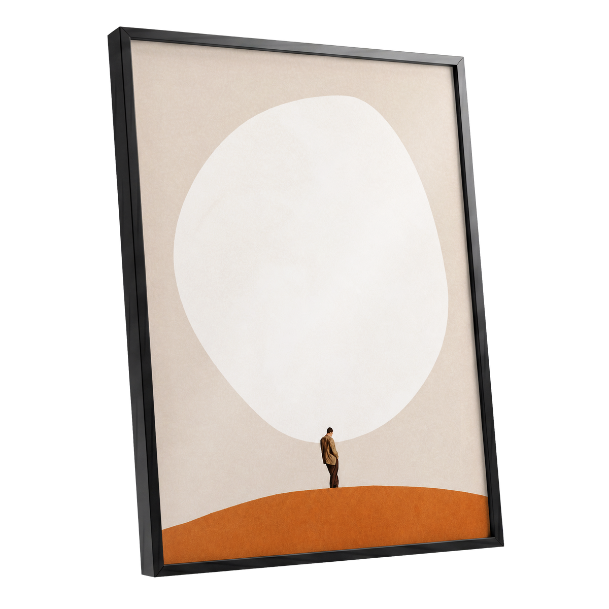 A Quiet Expanse, beige, white, orange minimalist wall art shown as a black framed poster wall art print