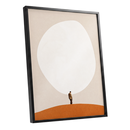 A Quiet Expanse, beige, white, orange minimalist wall art shown as a black framed poster wall art print