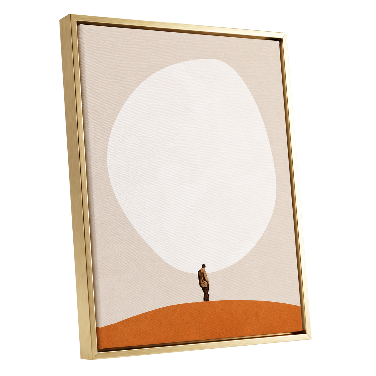 A Quiet Expanse, beige, white, orange minimalist wall art shown as a gold framed canvas wall art
