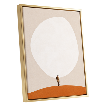 A Quiet Expanse, beige, white, orange minimalist wall art shown as a gold framed canvas wall art