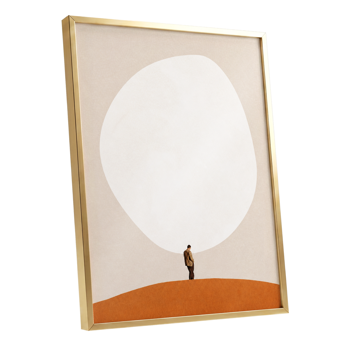 A Quiet Expanse, beige, white, orange minimalist wall art shown as a gold framed poster wall art print