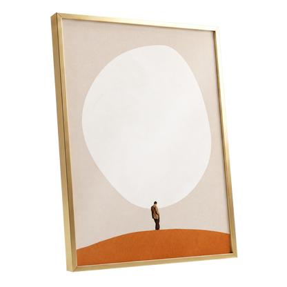 A Quiet Expanse, beige, white, orange minimalist wall art shown as a gold framed poster wall art print