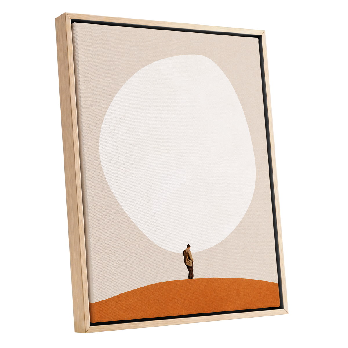 A Quiet Expanse, beige, white, orange minimalist wall art shown as a oak framed canvas wall art