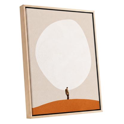 A Quiet Expanse, beige, white, orange minimalist wall art shown as a oak framed canvas wall art