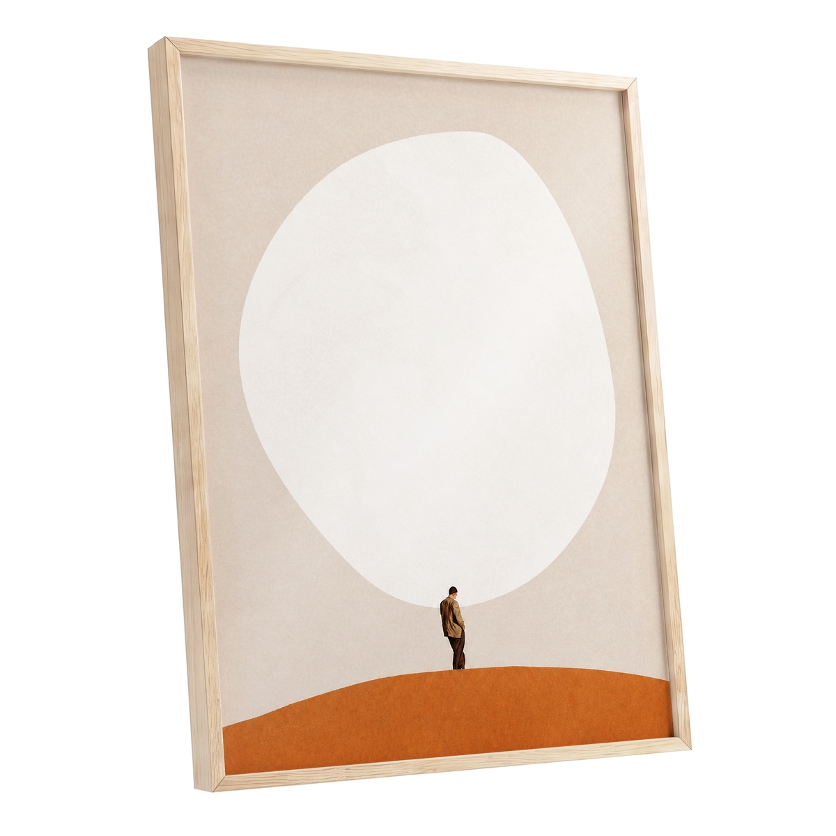 A Quiet Expanse, beige, white, orange minimalist wall art shown as a oak framed poster wall art print