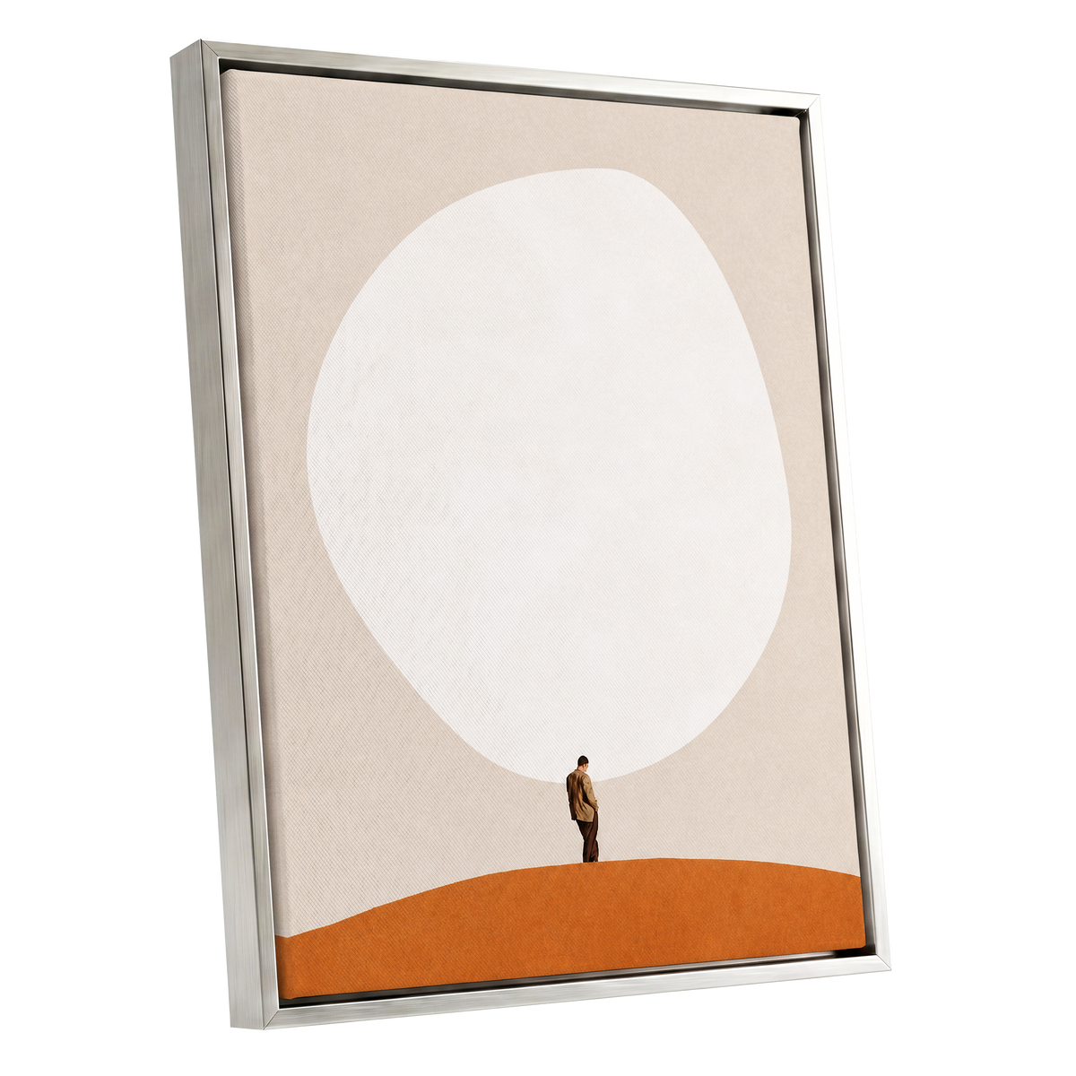 A Quiet Expanse, beige, white, orange minimalist wall art shown as a silver framed canvas wall art