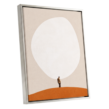 A Quiet Expanse, beige, white, orange minimalist wall art shown as a silver framed canvas wall art