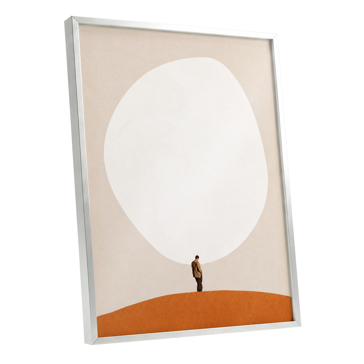 A Quiet Expanse, beige, white, orange minimalist wall art shown as a silver framed poster wall art print