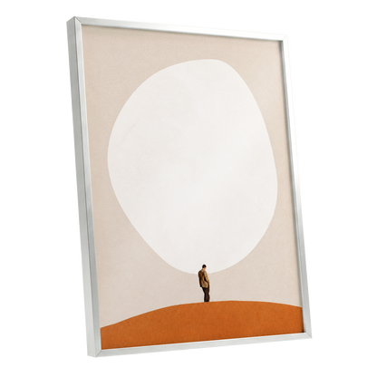 A Quiet Expanse, beige, white, orange minimalist wall art shown as a silver framed poster wall art print