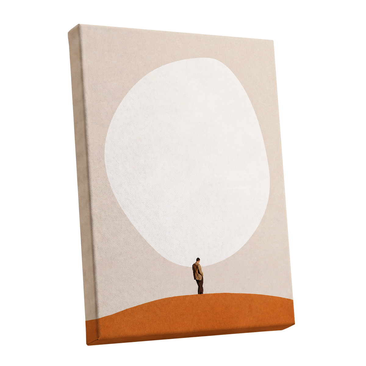 A Quiet Expanse, beige, white, orange minimalist wall art shown as a stretched canvas wall art