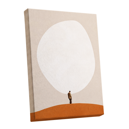 A Quiet Expanse, beige, white, orange minimalist wall art shown as a stretched canvas wall art