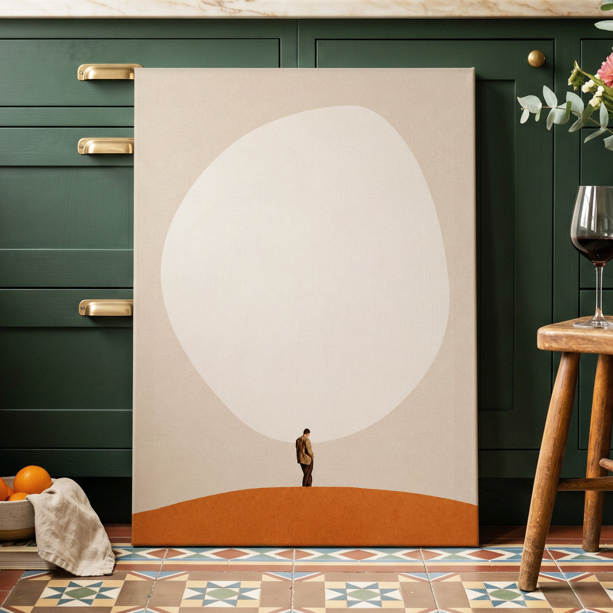 A Quiet Expanse, beige, white, orange minimalist wall art displayed in a styled interior, gallery view 3