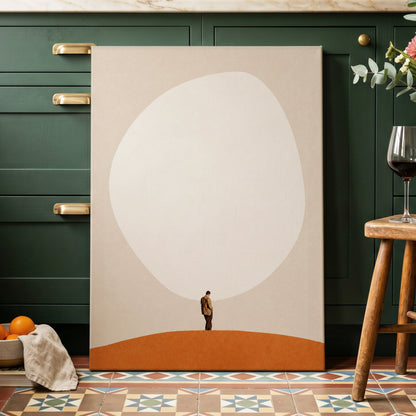 A Quiet Expanse, beige, white, orange minimalist wall art displayed in a styled interior, gallery view 3
